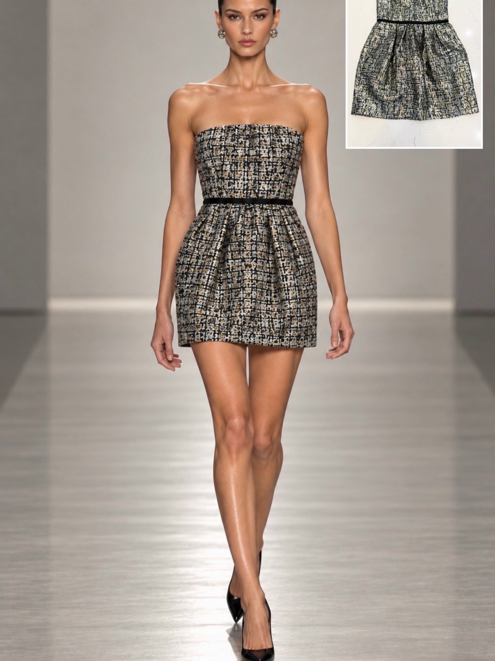 RACHEL Rachel Roy Strapless Tweed Mini Dress in Black and Gold Metallic Glam